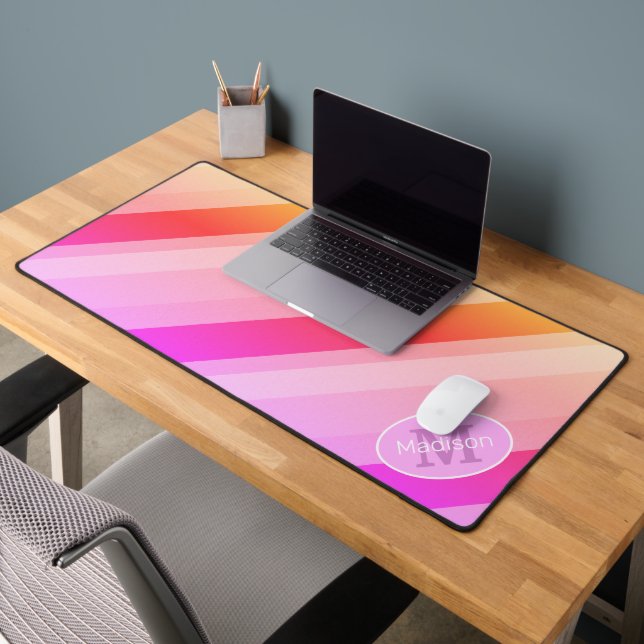 Neon pink rose retro geometric lines Monogram Desk Mat (Office 2)