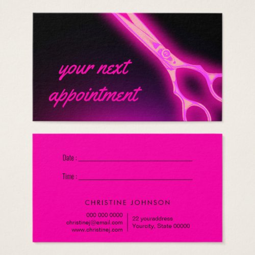 neon pink scissors appointment card