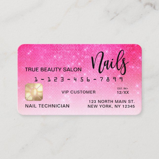 Neon Pink Sequin Glitter Credit Card Nail Tech (Front)