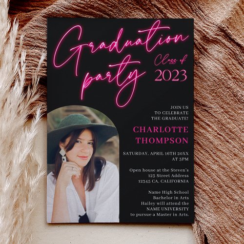 Neon pink sign script fun graduation photo arch invitation