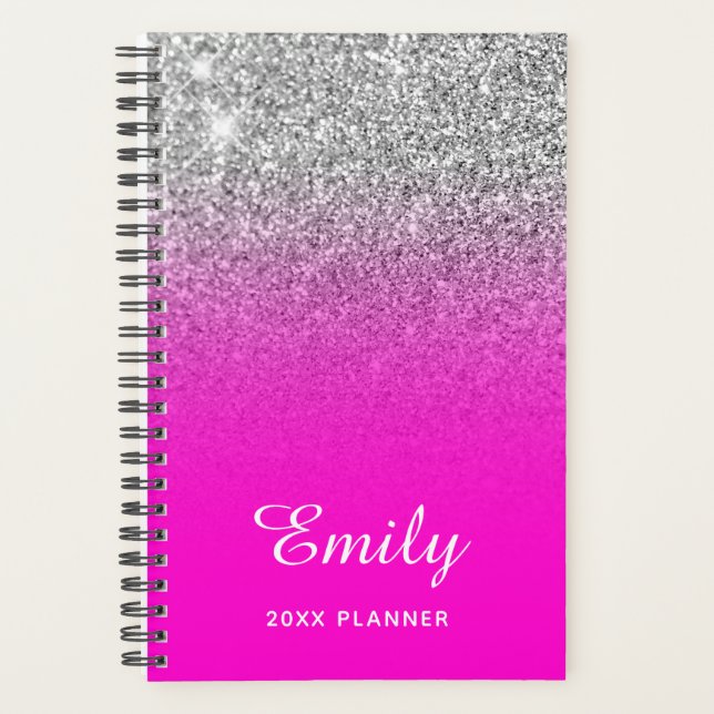 Neon Pink Silver Glitter Ombre Name Planner (Front)
