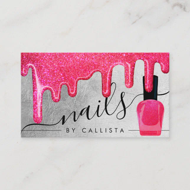 Neon Pink Silver Thick Glitter Drips Polish Nails Business Card | Zazzle