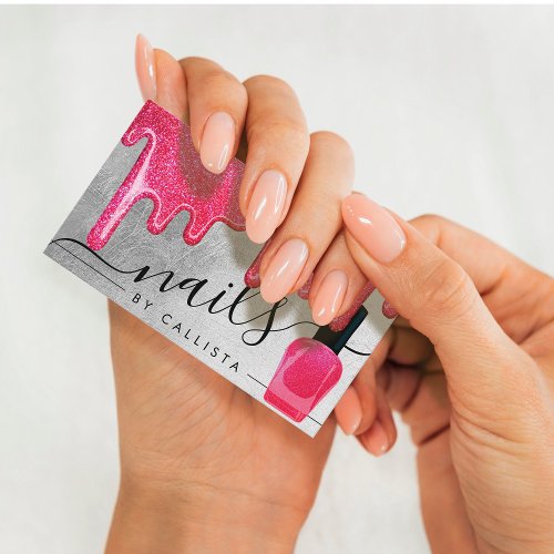 Neon Pink Silver Thick Glitter Drips Polish Nails Business Card