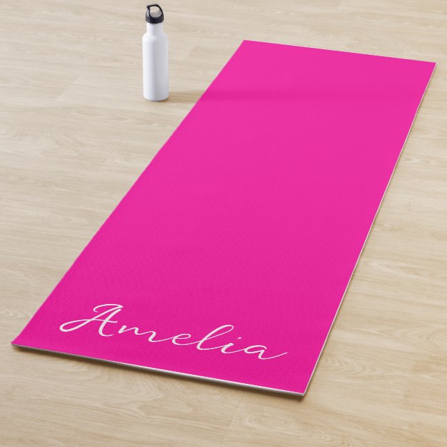 Neon Pink Solid Color custom name Yoga Mat (In Situ)