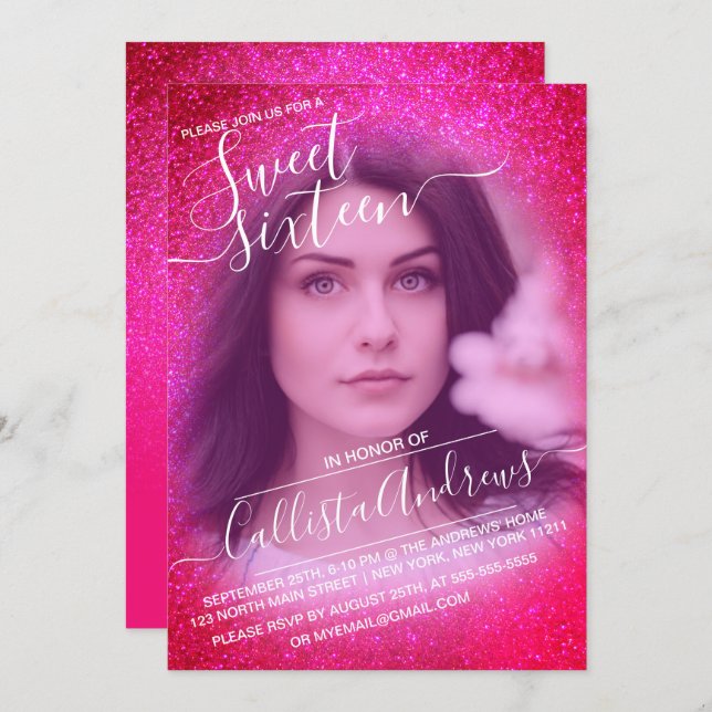 Neon Pink Sparkly Glitter Ombre Photo Sweet 16 Invitation (Front/Back)