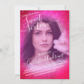 Neon Pink Sparkly Glitter Ombre Photo Sweet 16 Invitation (Front)