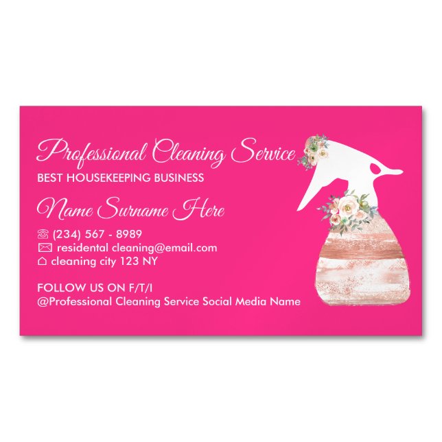 Neon Pink Spray Flower Glamour Cleaning Service Business Card Magnet (Front)