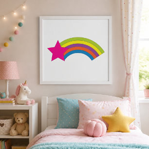 Neon Pink Star and Colorful Rainbow Whimsical Poster