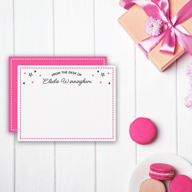 Neon Pink Stars From The Desk Of Name In Script Note Card (Creator Uploaded)