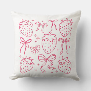Neon Pink Strawberries and Bows Kawaii Design Throw Pillow