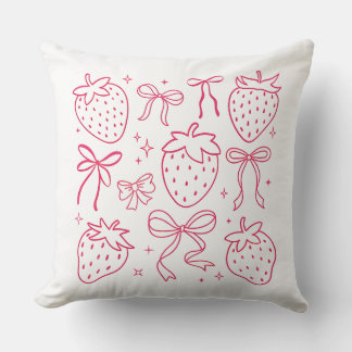 Neon Pink Strawberries and Bows Kawaii Design Throw Pillow