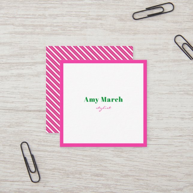 Neon Pink Stripes Trendy Square Business Card (Front/Back In Situ)