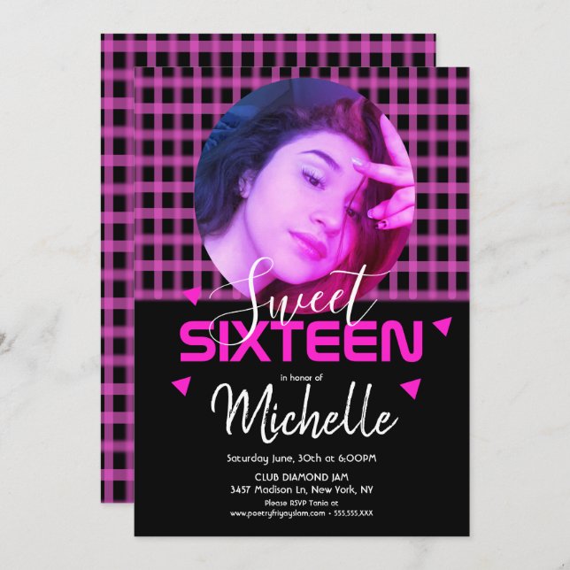 Neon Pink Sweet Sixteen Photo Grid Invitation (Front/Back)