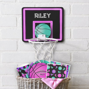 Neon Pink Teal Basketball Add Your Name Mini Basketball Hoop