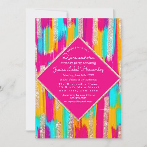 Neon Pink Teal Gold Glitter Paint Quinceaera Invitation