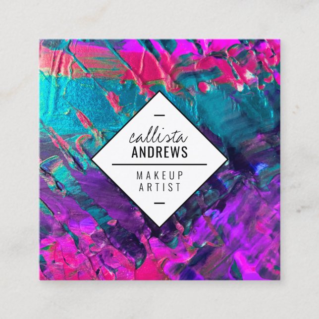 Neon Pink Teal Purple Metallic Paint Makeup Square Business Card (Front)