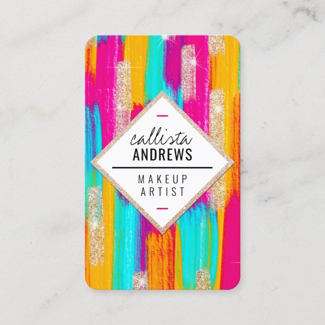 Neon Pink Teal Yellow Gold Glitter Paint Makeup Business Card (Front)