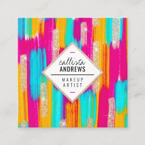 Neon Pink Teal Yellow Gold Glitter Paint Makeup Square Business Card