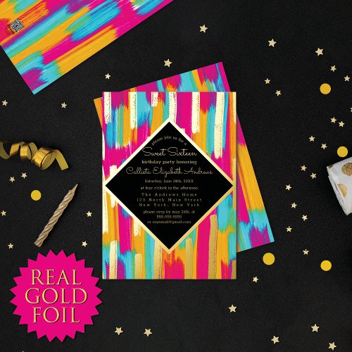 Neon Pink Teal Yellow Gold Glitter Paint Sweet 16 Foil Invitation