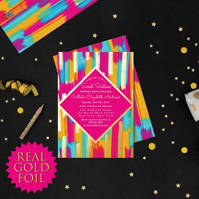 Neon Pink Teal Yellow Gold Glitter Paint Sweet 16 Foil Invitation (Creator Uploaded)