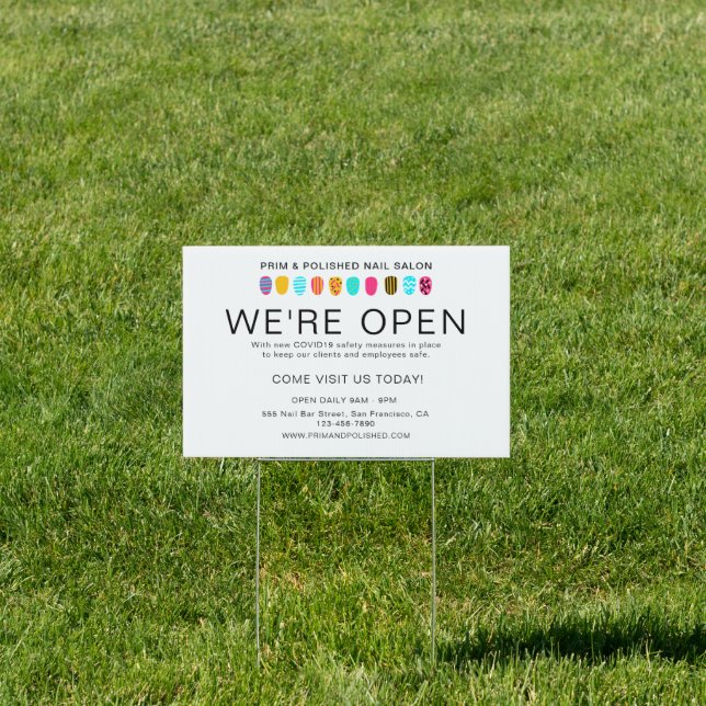 Neon Pink Teal Yellow We're Open Nail Salon Covid Sign (Insitu)