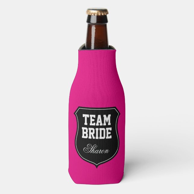 Neon pink Team Bride wedding party bottle coolers (Bottle Front)