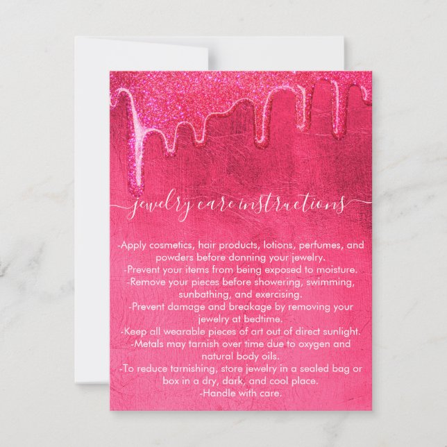 Neon Pink Thick Glitter Drips Jewelry Care Card (Front)