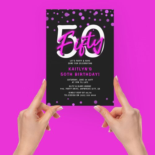Neon Pink Thirty 50th Birthday Party Invitation