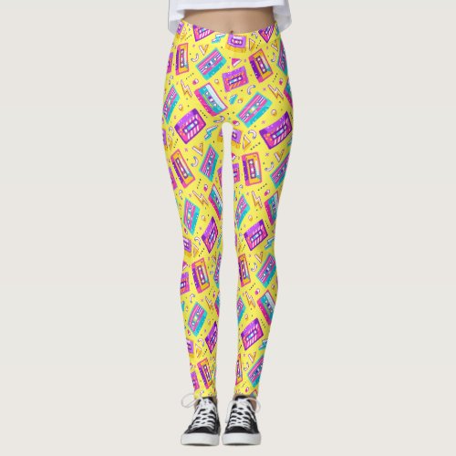 Neon Pink Trendy 80s Cassette Music Leggings