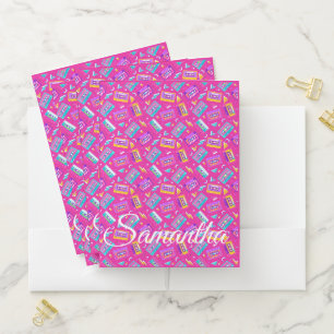 Neon Pink Trendy 80's cassette Name  Pocket Folder