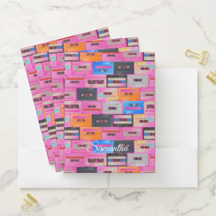 Neon Pink Trendy 80's cassette Name Pocket Folder