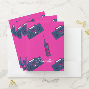 Neon Pink Trendy 80's Stereo Phone Name Pocket Folder