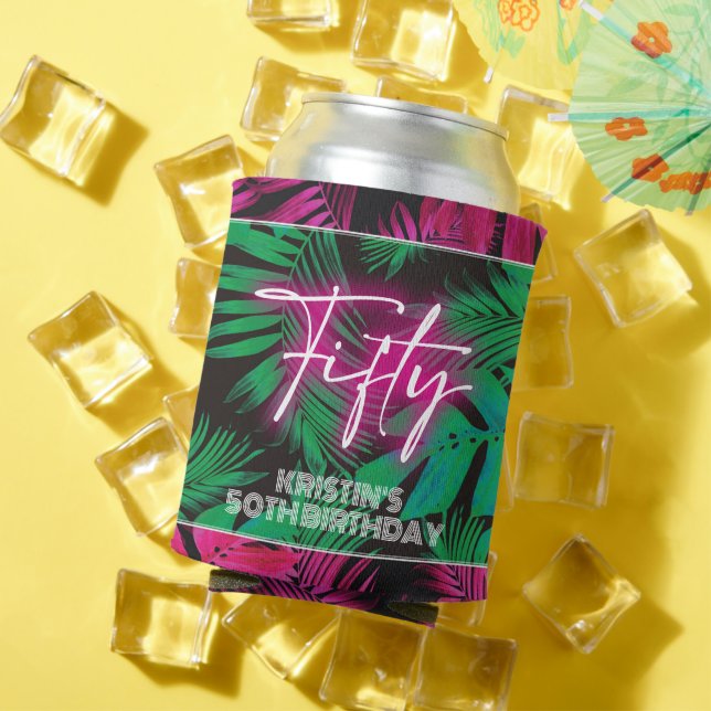 Neon Pink Tropical 50th Birthday Can Cooler (In Situ Summer)