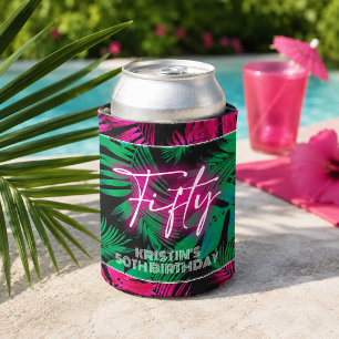 Neon Pink Tropical 50th Birthday Can Cooler