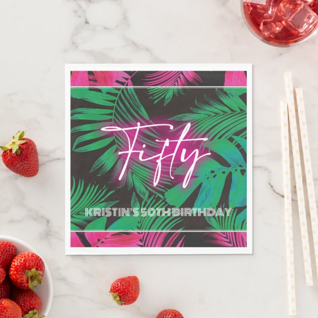 Neon Pink Tropical 50th Birthday Napkins (Insitu)