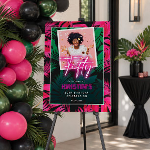 Neon Pink Tropical 50th Birthday Welcome Sign