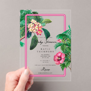 Neon Pink Tropical Botanicals Baby Shower Acrylic Invitations