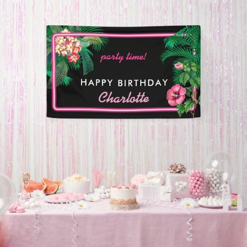 Neon Pink Tropical Botanicals Birthday Party Banner