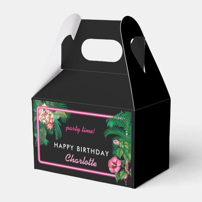 Neon Pink Tropical Botanicals Birthday Party Favor Boxes (Front Side)