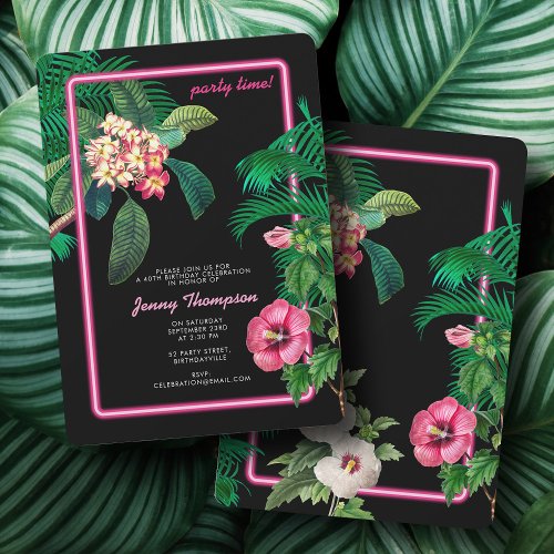 Neon Pink Tropical Botanicals Birthday Party Invitation
