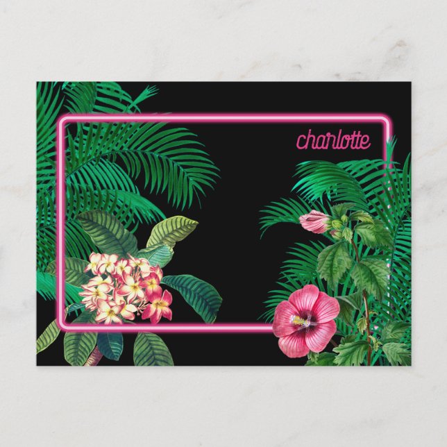 Neon Pink Tropical Botanicals Monogram Holiday Postcard (Front)