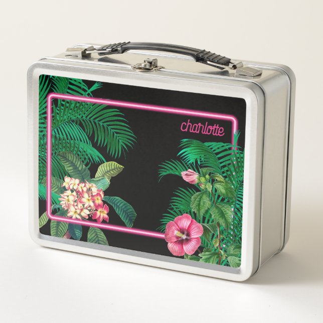 Neon Pink Tropical Botanicals Monogram Metal Lunch Box (Front)
