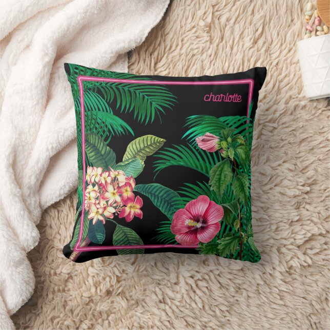 Neon Pink Tropical Botanicals Monogram Throw Pillow (Blanket)