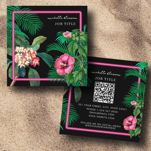 Neon Pink Tropical Botanicals QR Code Social Media Square Business Card