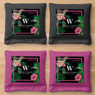 Neon Pink Tropical Botanicals Summer Cornhole Bags