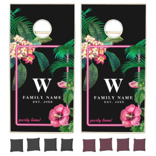 Neon Pink Tropical Botanicals Summer Cornhole Set