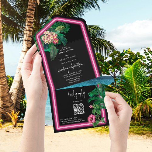 Neon Pink Tropical Retro Botanicals Wedding All In One Invitation