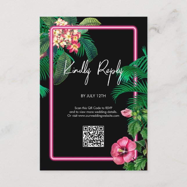 Neon Pink Tropical Retro Botanicals Wedding Enclosure Card (Front)