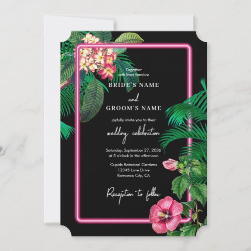 Neon Pink Tropical Retro Botanicals Wedding Invitation