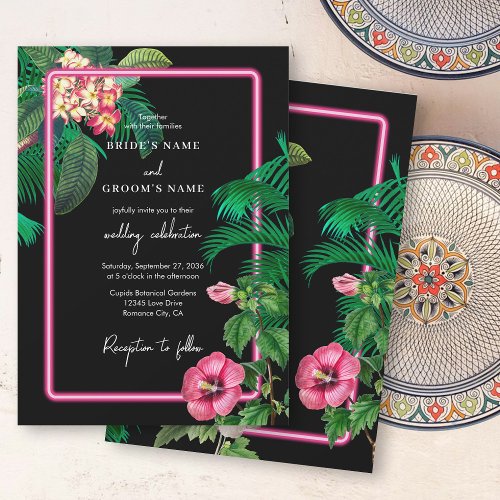 Neon Pink Tropical Retro Botanicals Wedding Invitation